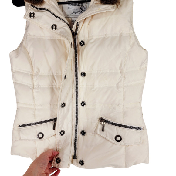 Eddie Bauer Women XS Goose Down Puffer Vest 700 Cream Faux Fur Full Zip Snap - Picture 12 of 16